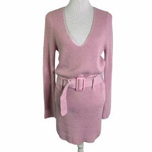Leith Pink V Neck Long Sleeve Ribbed Sweater Dress